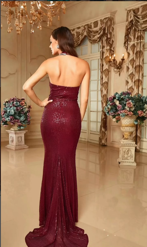 Wine Desire Halter Sequin Gown