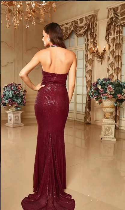 Wine Desire Halter Sequin Gown