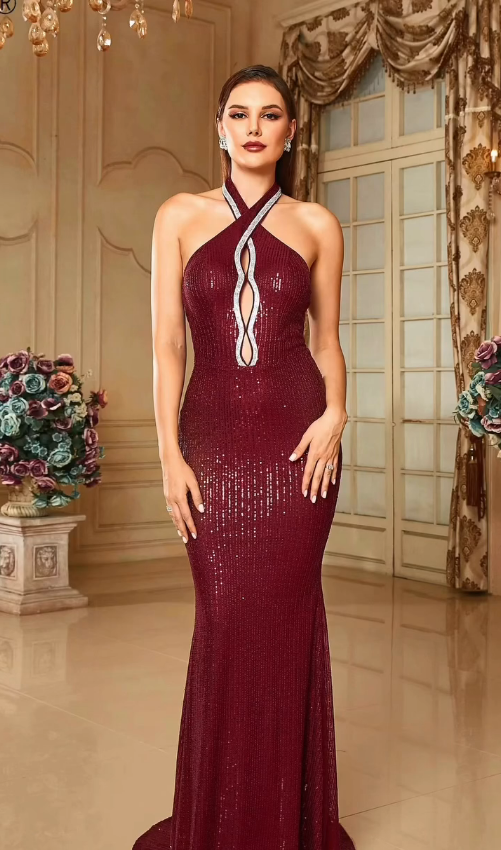 Wine Desire Halter Sequin Gown