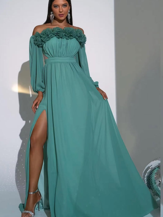 Emerald Bloom Chiffon Gown