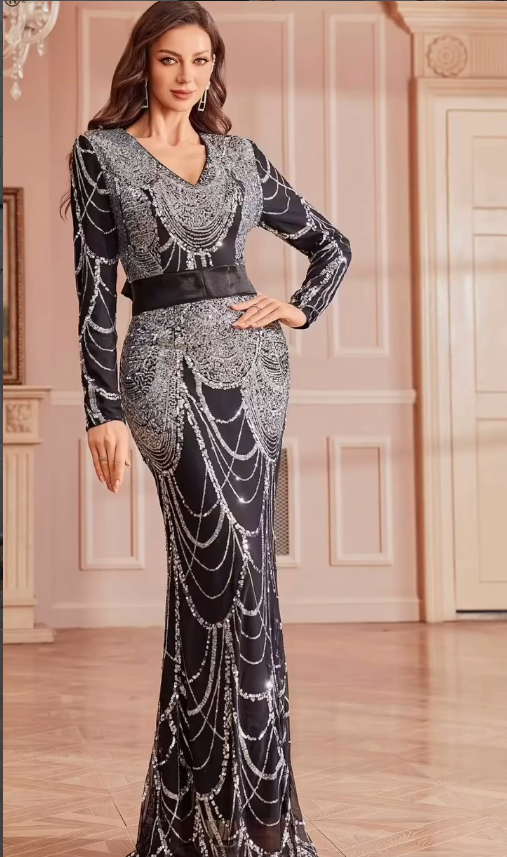 Silver Noir Embellished Gown