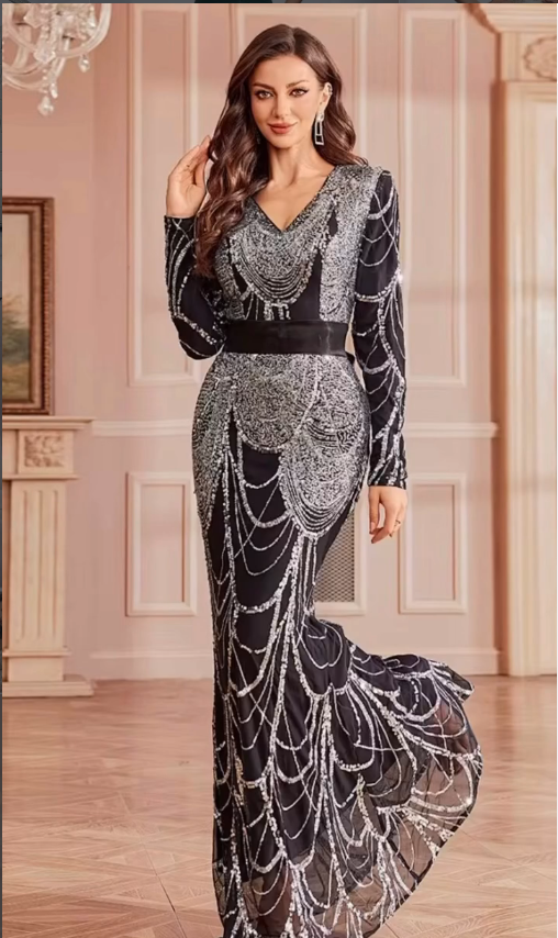 Silver Noir Embellished Gown