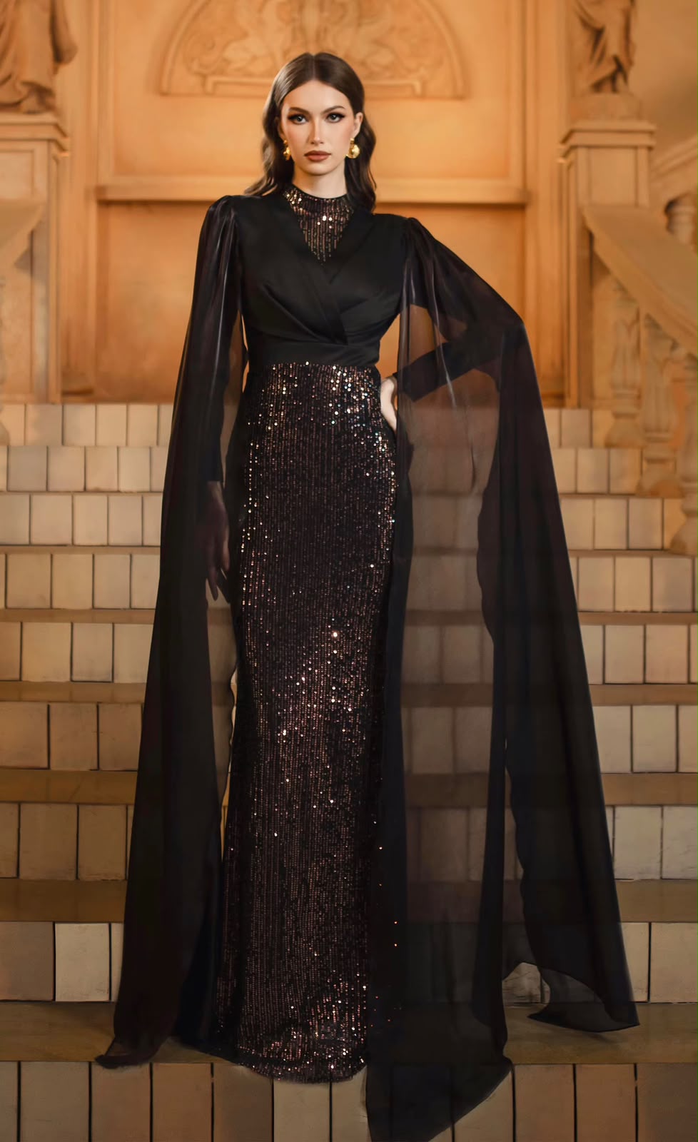 The Marcella Cape-Sleeve Sequin Gown
