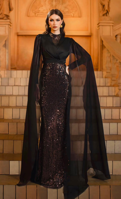 The Marcella Cape-Sleeve Sequin Gown