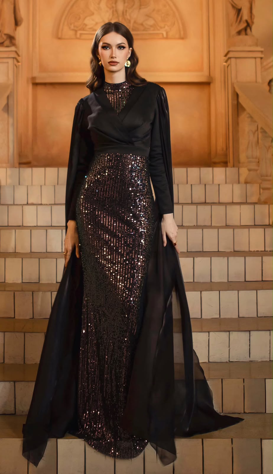 The Marcella Cape-Sleeve Sequin Gown
