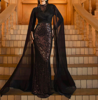 The Marcella Cape-Sleeve Sequin Gown