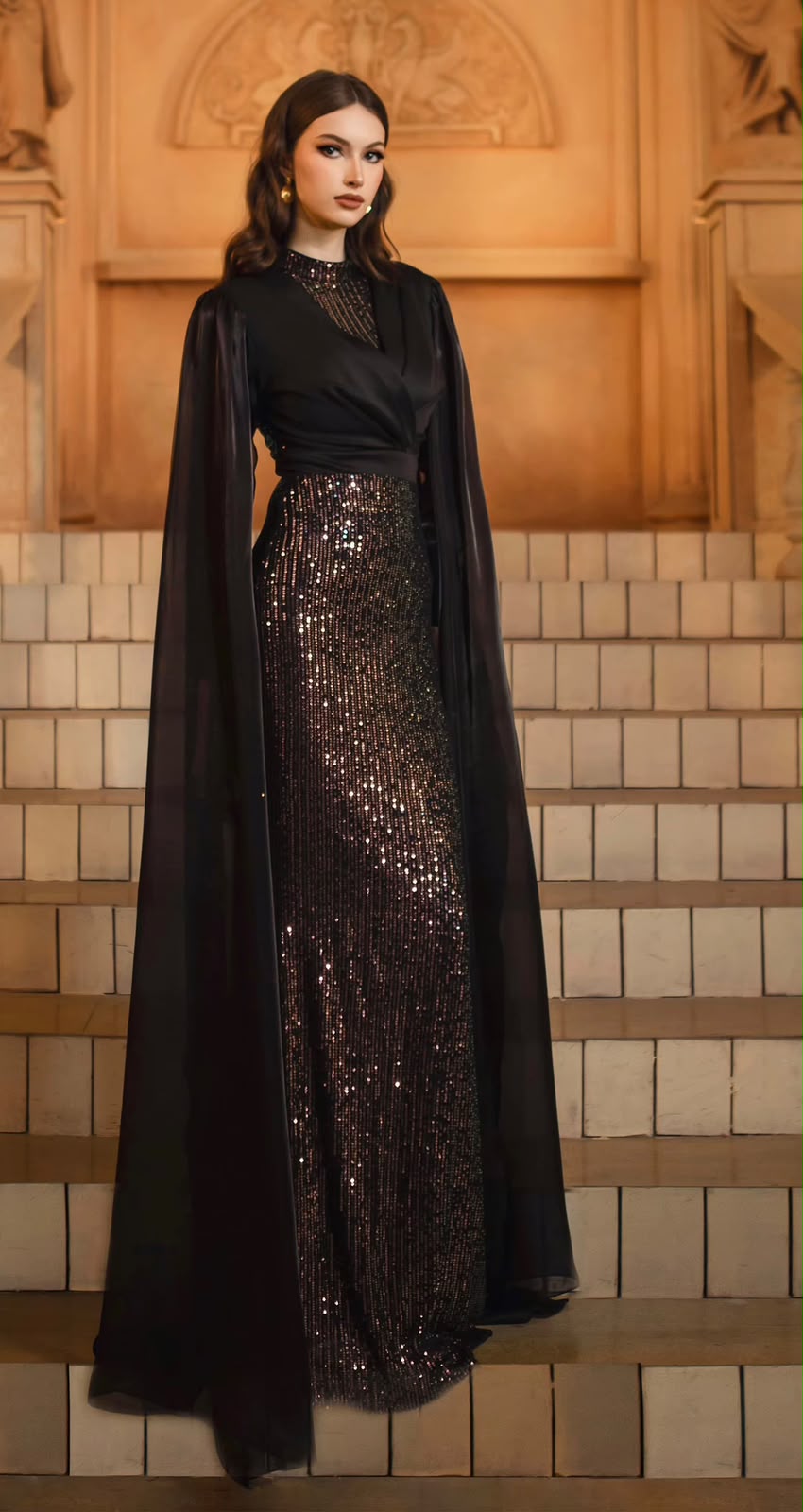 The Marcella Cape-Sleeve Sequin Gown