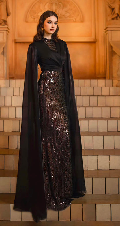 The Marcella Cape-Sleeve Sequin Gown
