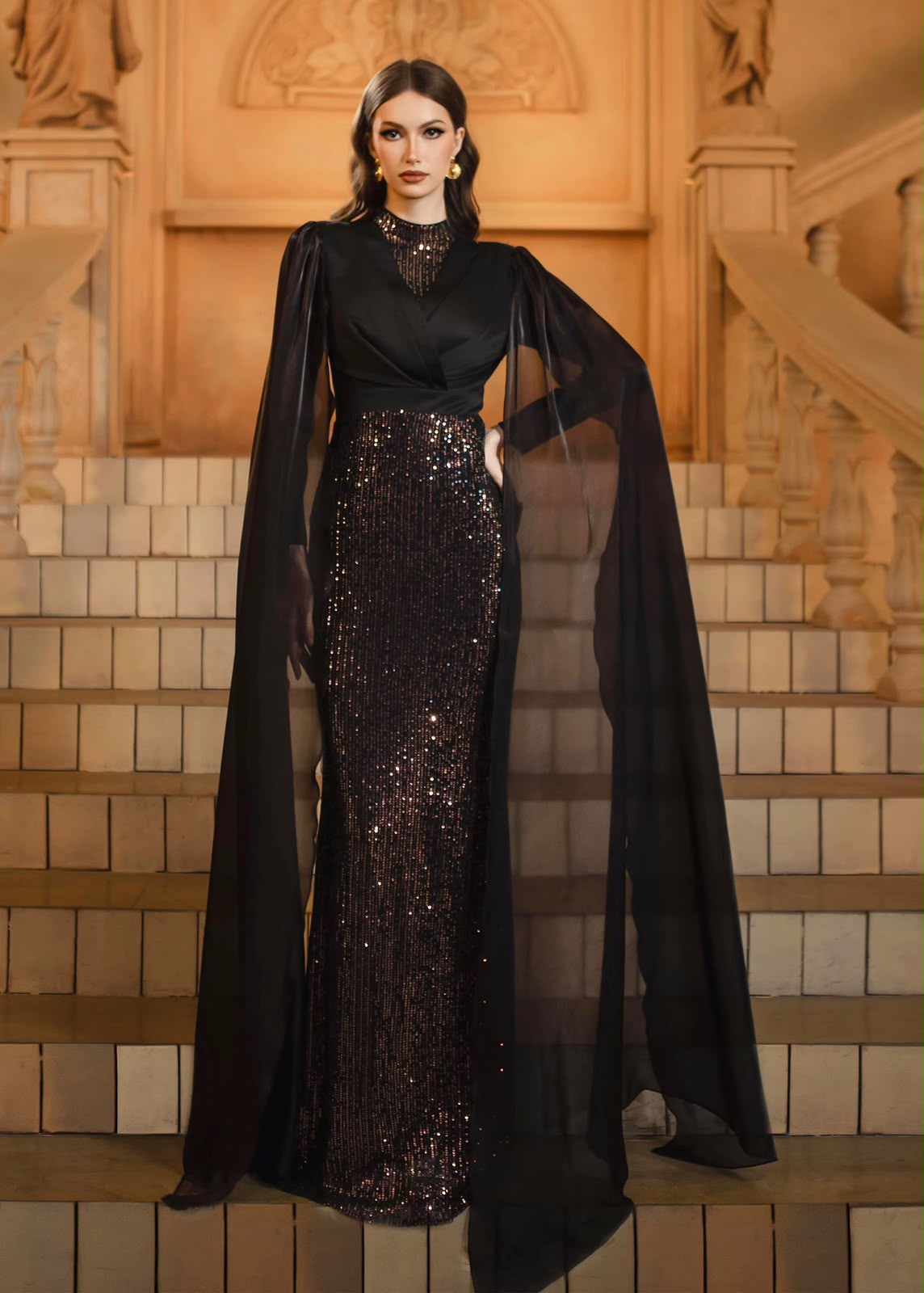 The Marcella Cape-Sleeve Sequin Gown